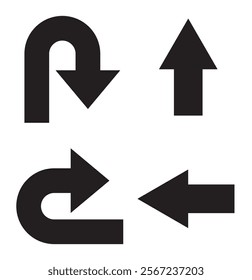 Go Straight, U turn, Right and Left, This Way, One Way, Only U Turn Black Arrow Sign Direction Icon Set. Vector Image.