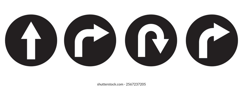 Go Straight, U turn, Right and Left, This Way, One Way, Only U Turn Black Arrow Sign Direction Icon Set. Vector Image.