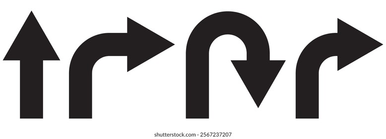 Go Straight, U turn, Right and Left, This Way, One Way, Only U Turn Black Arrow Sign Direction Icon Set. Vector Image.