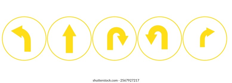 Go Straight, U turn, Right and Left, This Way, One Way, Only U Turn Black Arrow Sign Direction Icon Set. EPS 10.