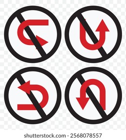 Go Straight, U turn, Right and Left, This Way, One Way, Only U Turn Black Arrow Sign Direction Icon Set. Vector Image. eps 10.