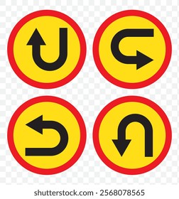 Go Straight, U turn, Right and Left, This Way, One Way, Only U Turn Black Arrow Sign Direction Icon Set. Vector Image. eps 10.