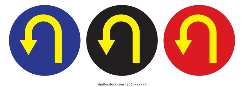 Go Straight, U turn, Right and Left, This Way, One Way, Only U Turn Black Arrow Sign Direction Icon Set. Vector Image.