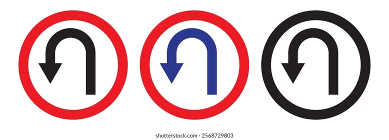 Go Straight, U turn, Right and Left, This Way, One Way, Only U Turn Black Arrow Sign Direction Icon Set. Vector Image.