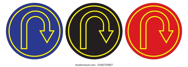 Go Straight, U turn, Right and Left, This Way, One Way, Only U Turn Black Arrow Sign Direction Icon Set. Vector Image.