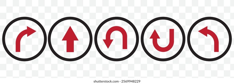 Go Straight, U turn, Right and Left, This Way, One Way, Only U Turn Black Arrow Sign Direction Icon Set. Vector Image. eps 10.