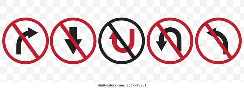 Go Straight, U turn, Right and Left, This Way, One Way, Only U Turn Black Arrow Sign Direction Icon Set. Vector Image. eps 10.