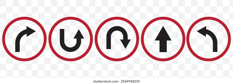 Go Straight, U turn, Right and Left, This Way, One Way, Only U Turn Black Arrow Sign Direction Icon Set. Vector Image. eps 10.