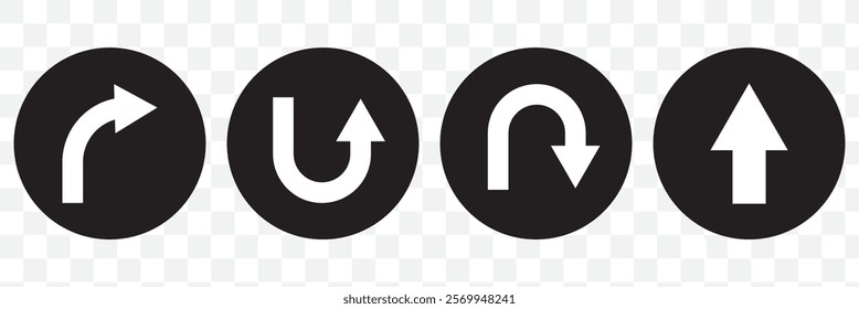 Go Straight, U turn, Right and Left, This Way, One Way, Only U Turn Black Arrow Sign Direction Icon Set. Vector Image. eps 10.