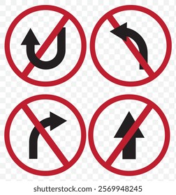 Go Straight, U turn, Right and Left, This Way, One Way, Only U Turn Black Arrow Sign Direction Icon Set. Vector Image. eps 10.