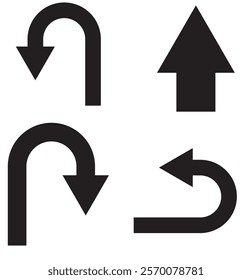 Go Straight, U turn, Right Left, One Way, Only U Turn Arrow Sign Direction Icon. Set of arrows icons.Circle arrows rotate arrow, spinning loading symbol. Circular rotation, redo process,Colorful.EPS10