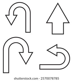 Go Straight, U turn, Right Left, One Way, Only U Turn Arrow Sign Direction Icon. Set of arrows icons.Circle arrows rotate arrow, spinning loading symbol. Circular rotation, redo process,Colorful.EPS10