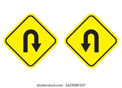Go Straight, U turn, Right and Left, This Way, One Way, Only U Turn Black Arrow Sign Direction Icon Set. Vector Image. Right U-turn ahead traffic sign road. Arrows Showing Road Traffic. eps 10