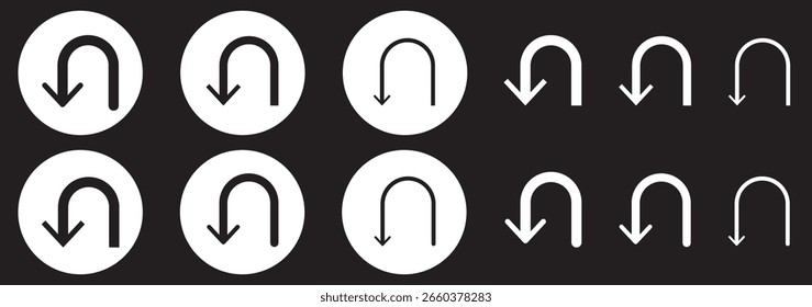 Go Straight, U turn, Right and Left, This Way, One Way, Only U Turn Black Arrow Sign Direction Icon Set. U turn sign vector art. Vector Illustration