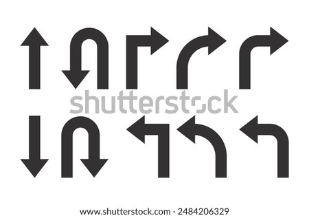 Go Straight, U turn, Right and Left, This Way, One Way, Only U Turn Black Arrow Sign Direction Icon Set. Vector Image.