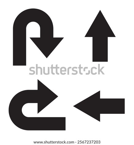 Go Straight, U turn, Right and Left, This Way, One Way, Only U Turn Black Arrow Sign Direction Icon Set. Vector Image.