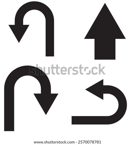 Go Straight, U turn, Right Left, One Way, Only U Turn Arrow Sign Direction Icon. Set of arrows icons.Circle arrows rotate arrow, spinning loading symbol. Circular rotation, redo process,Colorful.EPS10