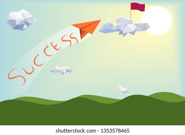 Go to success,paper plane flying above green landscape with low poly white clouds and sunny background 