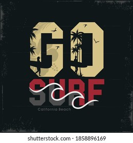 Go SURF, Miami Beach, Florida surfing t-shirts,t-shirt inscription, typography graphic design emblem, stylish printing design for sports wear apparel. original
