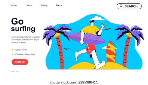 Go surfing concept for landing page template. Man with surfboard running into ocean. Active water sports, extreme hobby people scene. Vector illustration with flat character design for web banner