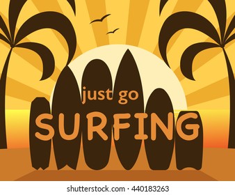 Go surfing travel postcard. Different surfboard silhouettes standing on tropical beach sunset landscape. Various silhouette surfboards on seashore side. Summer surf time background vector illustration