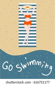 go swimming! Poster  with girl on sun ocean beach