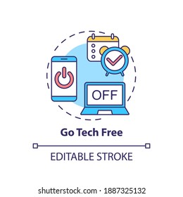 Go tech free concept icon. Me time ideas. Day without internet. No phones and computers. Free technology day idea thin line illustration. Vector isolated outline RGB color drawing. Editable stroke
