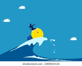 Go through crises with creative leaders. Businesswoman surfing the ocean waves with a light bulb