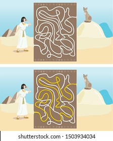 Go through the maze and help the princess of Egypt find her cat in desert. Lost pet. Labyrinth. Maze game for kids. Ancient country. Beautiful dress. Vector illustration.