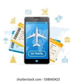 Go Travel Booking Concept With A Passenger Plane Mobile Ticket For Web And App. Vector Illustration