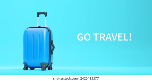 Go Travel Concept. 3D Cute Cartoon Plastic Blue Suitcase on Turquoise Background. Design Element for Travel, Adventure, Tourism, Trip Concept. Vector Illustration of 3D Render.