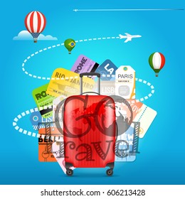 Go travel concept. Travel bag and different touristic elements