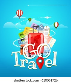 Go travel concept. Travel bag and different touristic elements