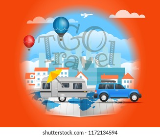 Go travel concept with the car. Vector infographic elements