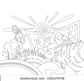 Go travel concept coloring book page. A tourist with a backpack goes on the mountains. Travel bag and different touristic elements, forest, map, cruise line.