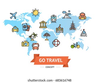 Go Travel Concept with Map and Outline Icons Adventure Tourism Business Element. Vector illustration