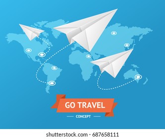 Go Travel Concept with Map and Paper Plane Adventure Tourism Business Element. Vector illustration