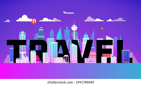 Go travel concept. Modern city cityscape with skyscrapers in the evening