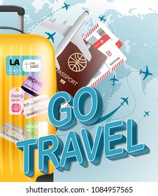 Go travel concept. Vector illustration with yellow bag