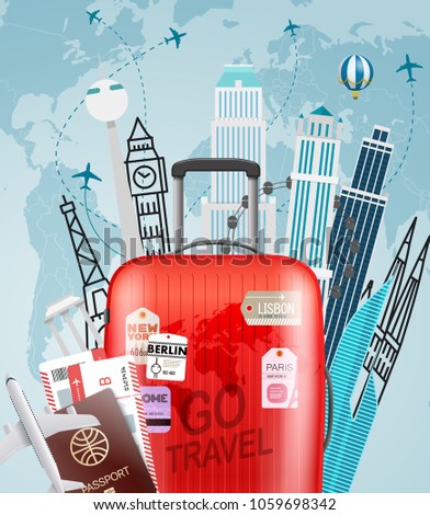 Go travel concept. Vector illustration with red bag