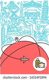 Go Travel Globe Flat Lines Modern Illustration Red Blue