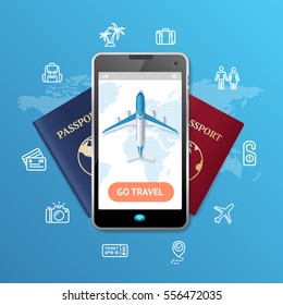 Go Travel Mobile Ticket Booking Concept With Passenger Passports For Web And App. Vector Illustration