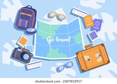 Go travel object. Map, backpack, sunglasses and suitcase. Tourism and travel, trips. Holiday and vacation. Camera and luggage. Summer season concept. Cartoon flat vector illustration