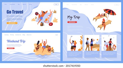 Go travel, weekend trip at beach, vector illustration. Plan vacation at website, man woman people character spend summer holiday at sea shore. Booking tour to tropical nature, landing banner.