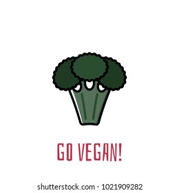 go vegan! concept banner. broccoli - flat style. logo for vegans or vegetarian market. healthy food.