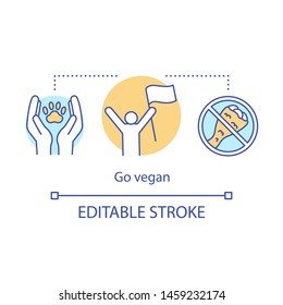 Go vegan concept icon. Vegetarianism, healthy lifestyle idea thin line illustration. Fast food rejection, animal welfare. Happy person with flag vector isolated outline drawing. Editable stroke