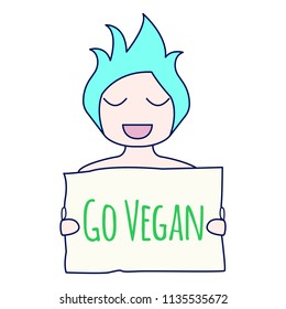 Go vegan concept. Go vegan illustration. Smiling girl with Go vegan sign in her hands.  Vector illustration.