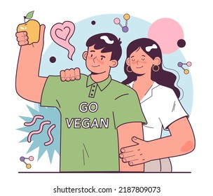 Vamos concepto vegano. Verduras, verduras, plantas o consumo de frutas. Comida orgánica fresca para la desintoxicación. Alergia, dermatitis o prevención de hiperhidrosis. Ilustración vectorial plana