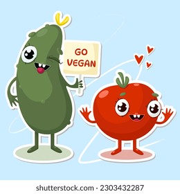 Go vegan cucumber and tomato character stickers
