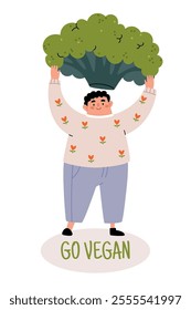 Go Vegan. Cute character holding a big broccoli. Modern minimalist illustration in Scandinavian style.